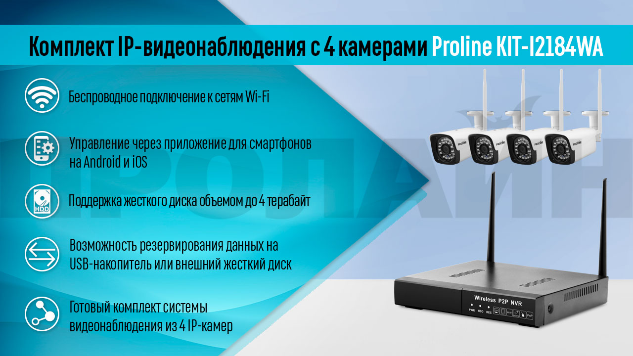 Комплект IP-видеонаблюдения с 4 камерами Proline KIT-I2184WA