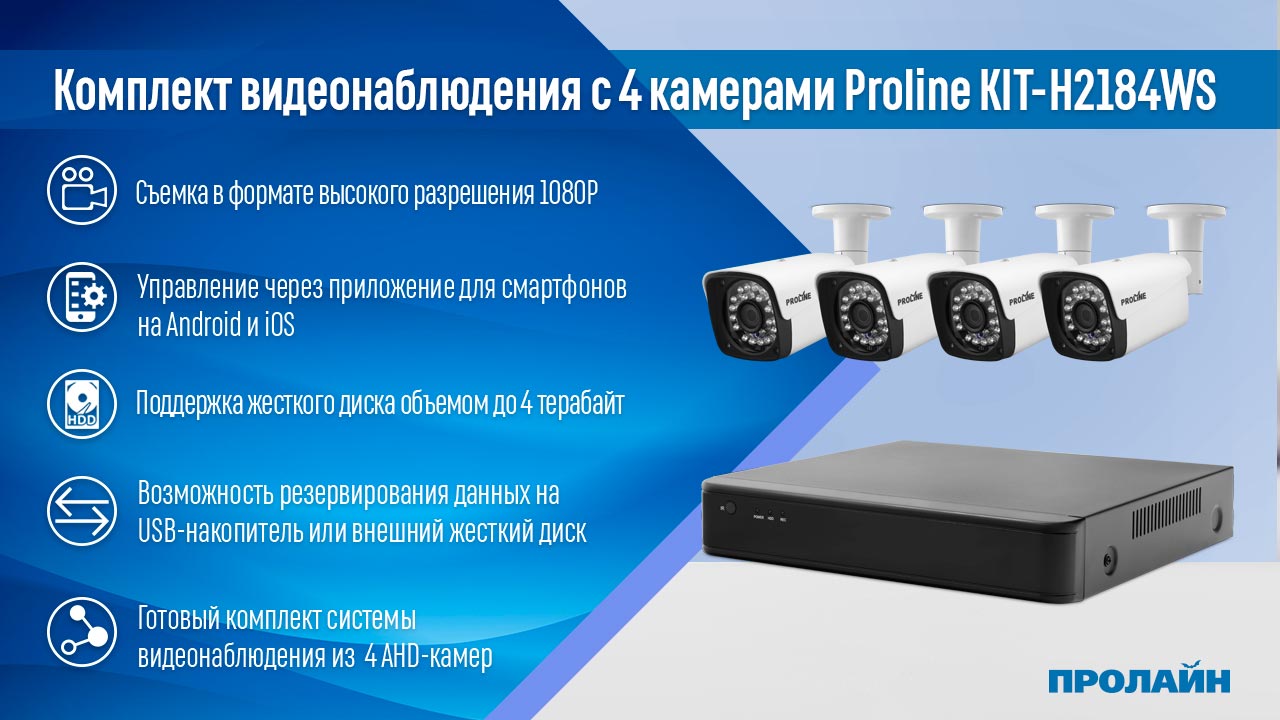 Комплект видеонаблюдения с 4 камерами Proline KIT-H2184WA