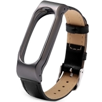 Ремешок для фитнес-браслета Mi Band 2 кожаный с металлическим основанием черный